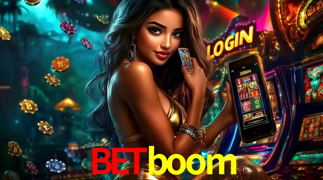 Mulher em um cenário de cassino temático de aventura, mostrando o app de caça-níqueis da betboom no celular. Fichas de apostas flutuam ao redor.