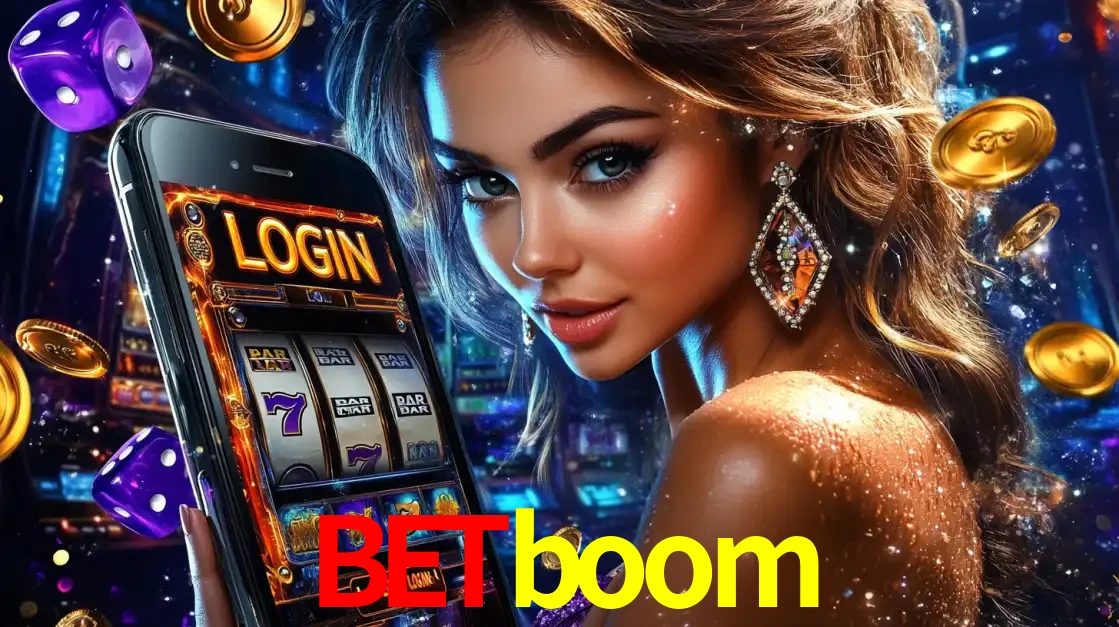 Mulher glamorosa segurando um smartphone com a tela de login para os jogos de caça-níqueis do cassino online betboom, com moedas de ouro e dados ao redor.