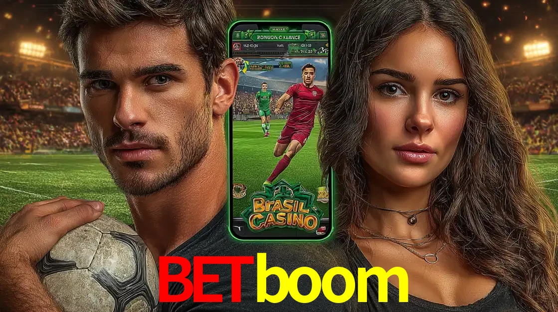 Homem segurando uma bola de futebol e uma mulher ao lado de um smartphone exibindo o jogo de apostas esportivas da betboom. Faça seu palpite no cassino online.